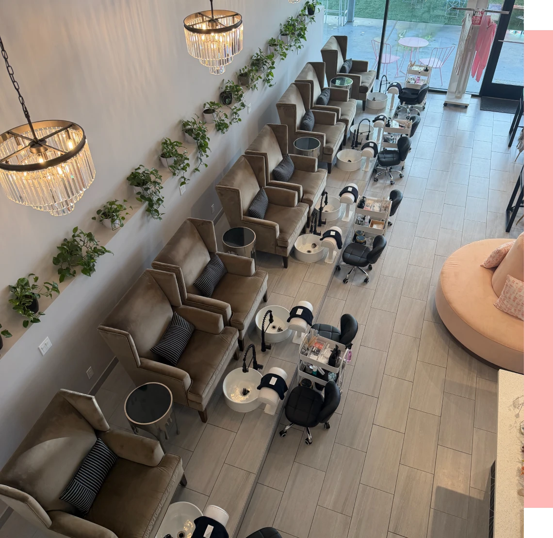 Nail salon interior with pedicure chairs